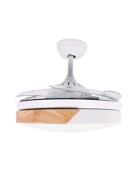 VENTILADOR DECORATIVO BLANCO CON PALAS RETRÁCTILES, ALTAVOZ BLUETOOTH, LUZ LED Y MANDO A DISTANCIA MOTOR 40W DC