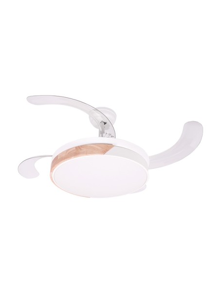 VENTILADOR DECORATIVO BLANCO CON PALAS RETRÁCTILES, ALTAVOZ BLUETOOTH, LUZ LED Y MANDO A DISTANCIA MOTOR 40W DC