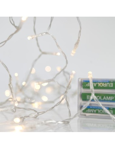 LÍNEA, 20 LED 5mm, CAJA DE PILAS 3xAA, CABLE TRANSPARENTE, LED BLANCO CÁLIDO POR 10cm, CABLE 50cm, IP20